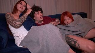 Three-some with my stepson and his girlfriend after this playgirl caught me sucking his wang