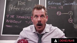DEVILS FILM - Rose Carter Squirts Twat Juice On Teacher’s Face Then Bangs Him Hardcore In Class