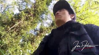 Homo male Jon Arteen freeballing showing his jock and undressed booty outdoor