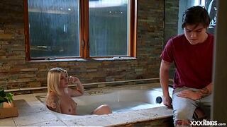 Stepson was asked to make his busty golden-haired stepmom preggy.The milf is letting him suck on her big tits then fuck and creampie her shaved cunt.