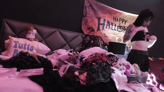 Handjob expert Halloween floozy in suit gives a handjob does try on haul to tease and get precum with balls massage