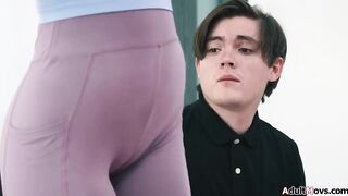 Stepson feels a bit akward when his stepmom Adira Allure shows her new pants with quite the cameltoe.The milf confesses this hottie can't live without him staring at it