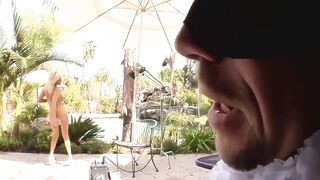 3some Party with Experienced Woman with Firm Breasts and Golden Hair Takes It in Both Holes Outdoors