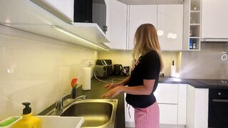 Hot hot golden-haired girl in pajama shorts in the kitchen wants to flash her snatch no panties under her pyjama
