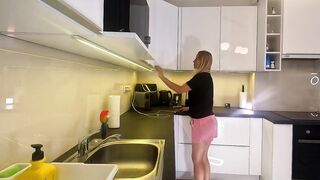 Hot hot golden-haired girl in pajama shorts in the kitchen wants to flash her snatch no panties under her pyjama