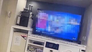 Masturbating on a Large TV Using a Life-size Cute Masturbator