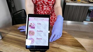 Purple Gloves Handjob Right in the Bakery