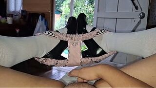 Real Home Movie scene - Sexy and exhibitionist 18-year-old schoolgirl shows her wet pussy to her neighbor when this chab gets home from school