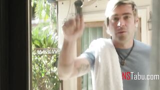Neighbor lets hot blonde milf use his shower and they fuck