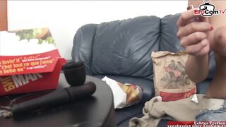 Anal porn with a busty brunette slut and with milk and food