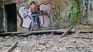 Femdom-female-dom gal outdoor without lenience drilled ding-rod her slave guy in the butt in the forest dangerous public in abandoned building
