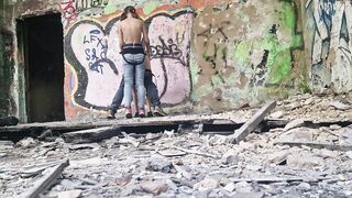 Femdom-female-dom gal outdoor without lenience drilled ding-rod her slave guy in the butt in the forest dangerous public in abandoned building
