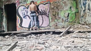 Femdom-female-dom gal outdoor without lenience drilled ding-rod her slave guy in the butt in the forest dangerous public in abandoned building