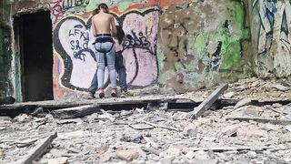 Femdom-female-dom gal outdoor without lenience drilled ding-rod her slave guy in the butt in the forest dangerous public in abandoned building
