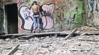 Femdom-female-dom gal outdoor without lenience drilled ding-rod her slave guy in the butt in the forest dangerous public in abandoned building