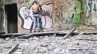 Femdom-female-dom gal outdoor without lenience drilled ding-rod her slave guy in the butt in the forest dangerous public in abandoned building