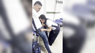 A young 18-year-old hotty giving head to her friend in the classroom.