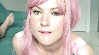Glamorous woman with pink hair passionately and gently sucks ramrod and swallows cum. POV