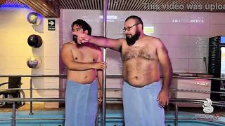 Busty Colombian MILF gets fucked all over the sauna by two sexually excited cholos