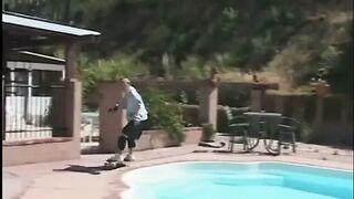Pool hunk gets a fine penis sucking by the slutty golden-haired outdoors