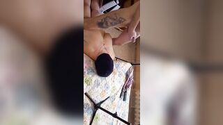 A wench with stockings on her head received a portion of sperm