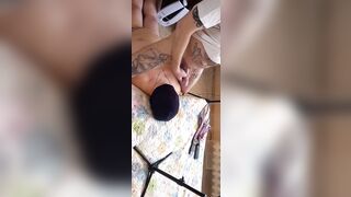 A wench with stockings on her head received a portion of sperm