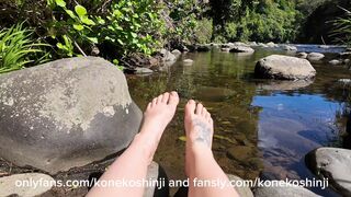 Topless sunbathing nature walk breasts out in public