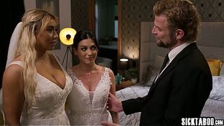 Kinky bride and sexy babe dropped to their knees and gave a blowjob before hardcore vagina fucking