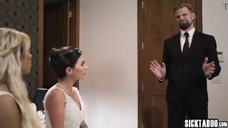 Kinky bride and sexy babe dropped to their knees and gave a blowjob before hardcore vagina fucking