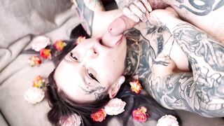 Split tongue playing with schlong tip eye contact 4k video cum on face
