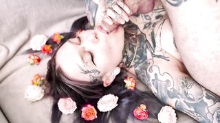 Split tongue playing with schlong tip eye contact 4k video cum on face