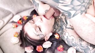 Split tongue playing with schlong tip eye contact 4k video cum on face