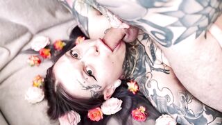 Split tongue playing with schlong tip eye contact 4k video cum on face