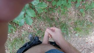 Dude with big rod masturbates outdoors and cum in slow motion