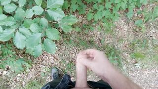 Dude with big rod masturbates outdoors and cum in slow motion