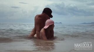 Hottest romantic risky sex in the sea waves on the public beach