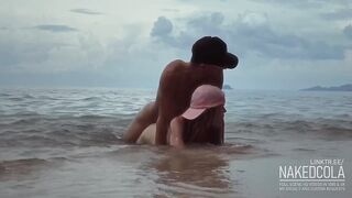 Hottest romantic risky sex in the sea waves on the public beach