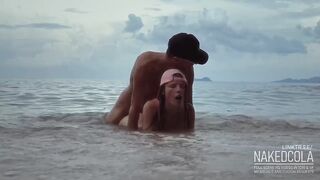Hottest romantic risky sex in the sea waves on the public beach