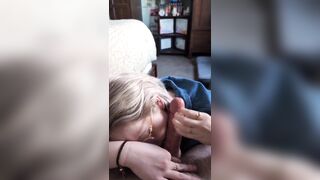 Sloppy throat covers glasses nerd in her own spit