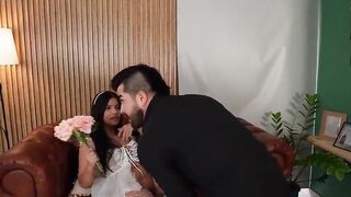 Priceless-looking curvy Latin hottie bride double penetrated by two men after her wedding
