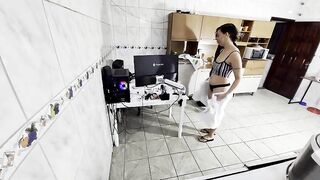 Nasty wife greets the repairman during the time that wearing solely a towel and swallows the load.