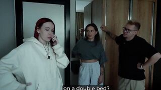 Step Mommy and Step Sister Share Couch with Step Son in Wild Hotel Fuck Session