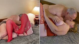 Granny in red plays and bangs until her snatch drips cum