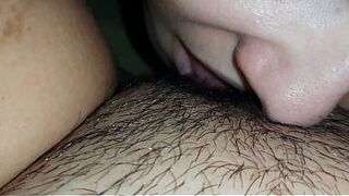 I press her head closer to my hairy pussy with my hand so I can cum harder