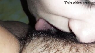 I press her head closer to my hairy pussy with my hand so I can cum harder