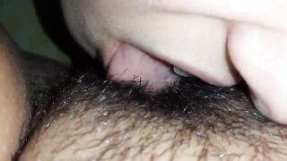 I press her head closer to my hairy pussy with my hand so I can cum harder