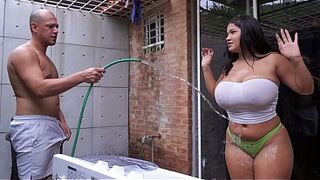 Dripping Juicy Stepdaughter: Wet T-Shirt Tease Turns Into Taboo Fuck