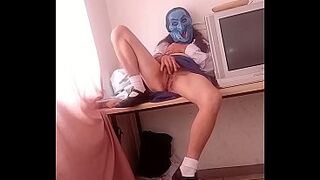 Small 19 year old play with vagina on the desk in her school uniform after class