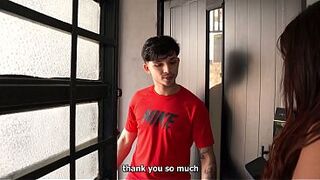 Delivery man gets a good rating from a busty woman