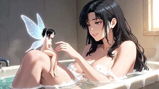 Biggest Raven-haired Gal Plays with a Tiny Fairy in Her Bubble Washroom